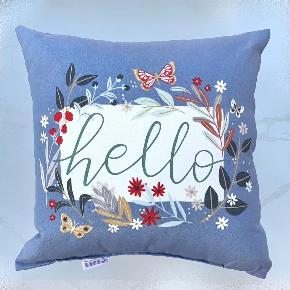 Hampton Bay Blue Floral & Butterfly Hello Indoor Outdoor Throw Pillow 16